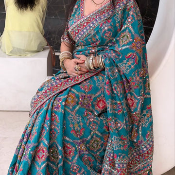 Turquoise Blue Designer Embroidered Saree with Multicolor Mirror Work & Printed Border