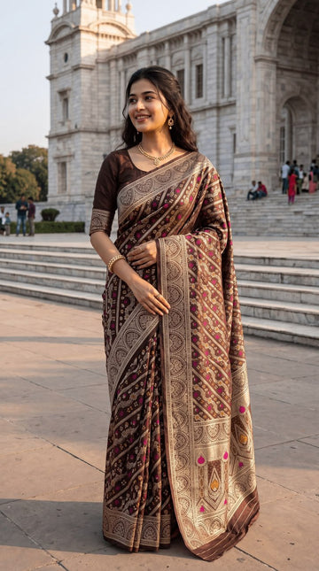 Elegant Chocolate Brown Designer Saree with Antique Gold Zari & Traditional Motif Border