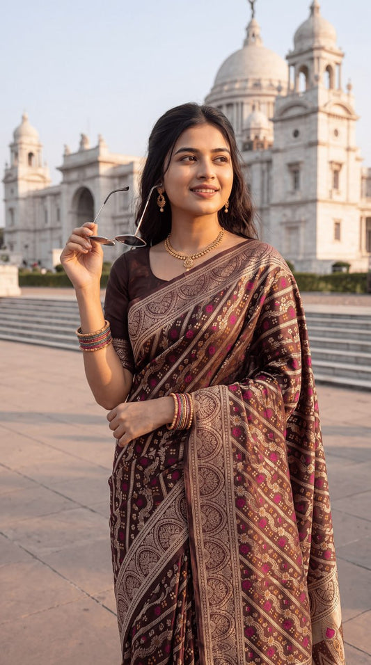 Elegant Chocolate Brown Designer Saree with Antique Gold Zari & Traditional Motif Border