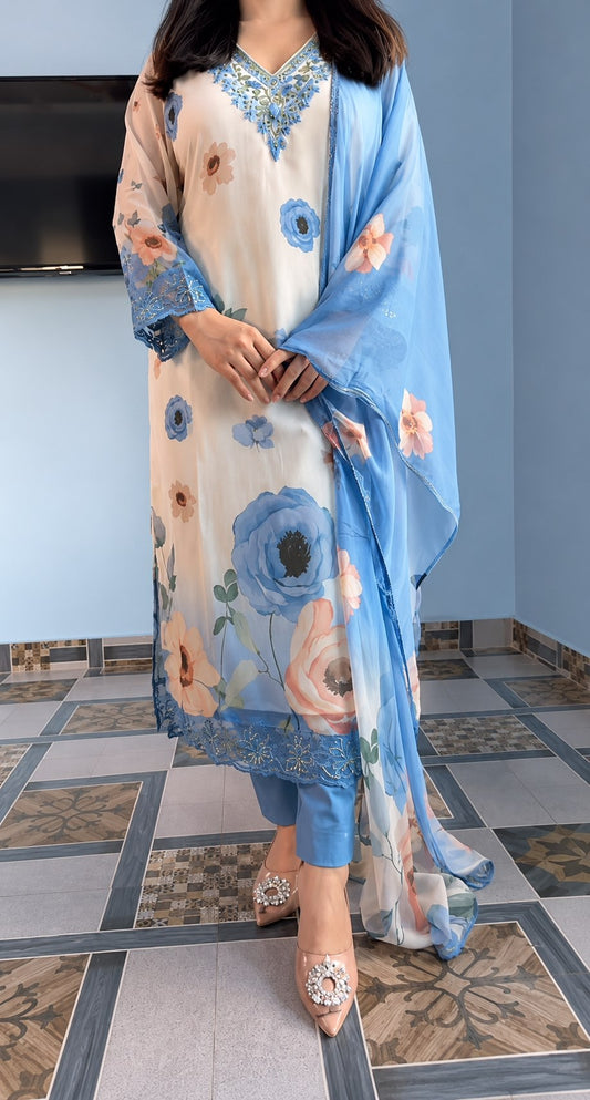 Soft Cotton Chiffon Designer 3 Piece Suit Set