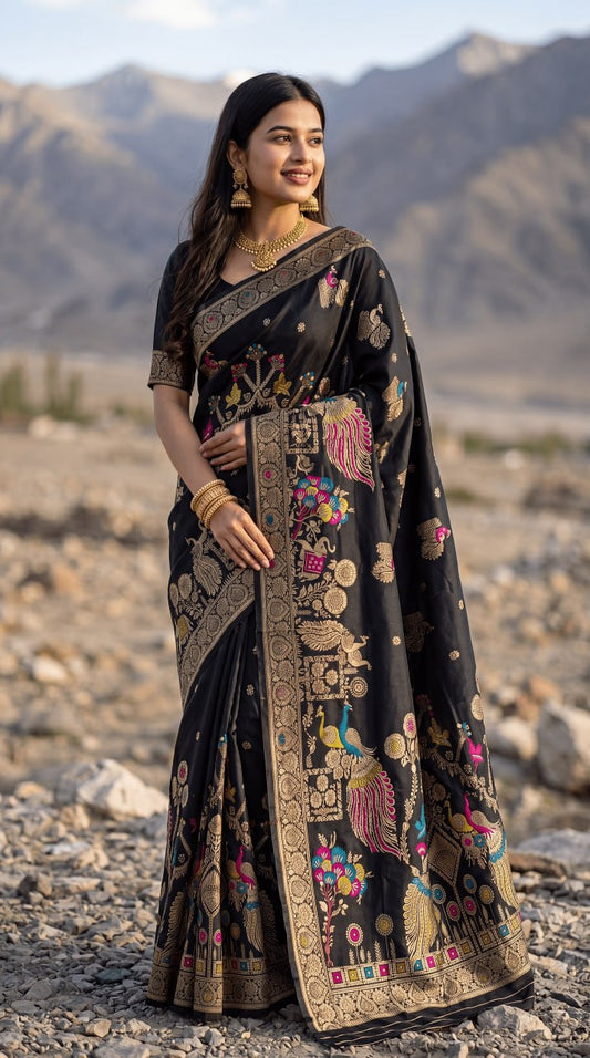 Black Designer Saree with Antique Gold Zari, Peacock Motifs & Multicolor Floral Embroidery