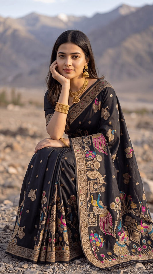 Black Designer Saree with Antique Gold Zari, Peacock Motifs & Multicolor Floral Embroidery