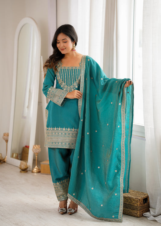 Women Ethnic Motifs Embroidered Regular Thread Work Kurta with Patiala & With Dupatta