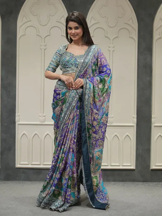 Surreptitious Multicolor Chinon Silk Printed Mirror Work Saree