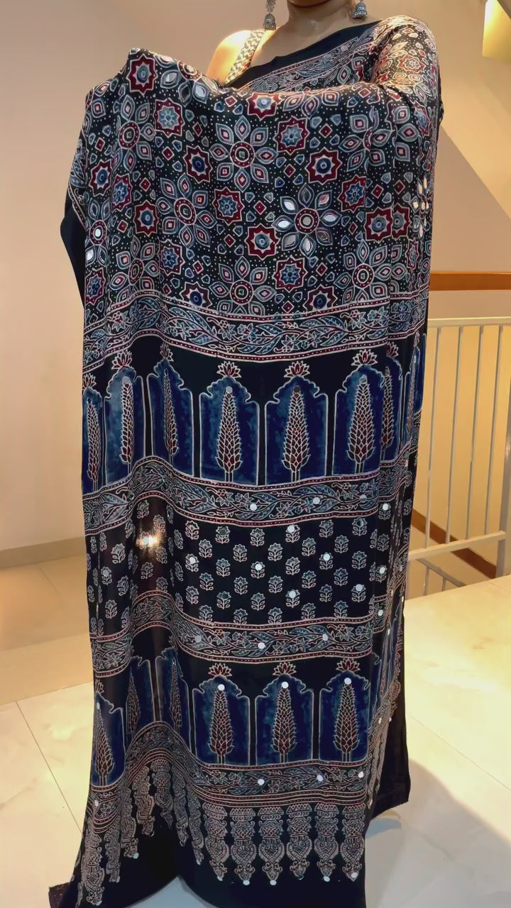 Floral Mirror Work Satin Designer Saree