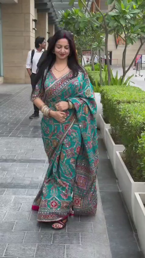 Turquoise Blue Designer Embroidered Saree with Multicolor Mirror Work & Printed Border