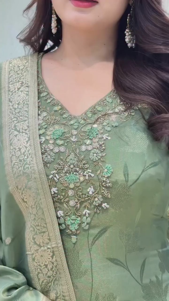 by Women's Pure Malay Glass Tissue with Kanjivaram Handwork Nack Kurta Pent with Dupatta Suit Set.